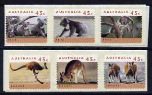 Australia 1994 Australian Wildlife (2nd Series) self adhesive strip of 6 unmounted mint (Cambec printing), as SG 1459-64, stamps on animals, stamps on kangaroos, stamps on koalas, stamps on bears, stamps on self adhesive