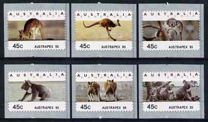 Australia 1994 Australian Wildlife (2nd Series) self adhesive set of 6 unmounted mint (inscribed Austrapex 95), similar to SG 1459-64, stamps on animals, stamps on kangaroos, stamps on koalas, stamps on bears, stamps on self adhesive, stamps on stamp exhibitions