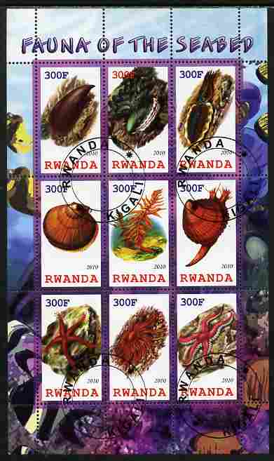 Rwanda 2010 Fauna of the Sea Bed perf sheetlet containing 9 values fine cto used, stamps on marine life, stamps on .shells, stamps on seaweed