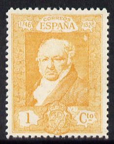 Spain 1930 Francisco Goya 1c orange-yellow unmounted mint SG 553, stamps on personalities, stamps on arts, stamps on goya, stamps on 