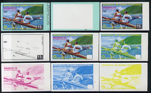 Equatorial Guinea 1972 Munich Olympics (3rd series) 15pts 2-man Rowing set of 9 imperf progressive proofs comprising 5 individual colours, plus various composites, a supe..., stamps on olympics  sport    rowing
