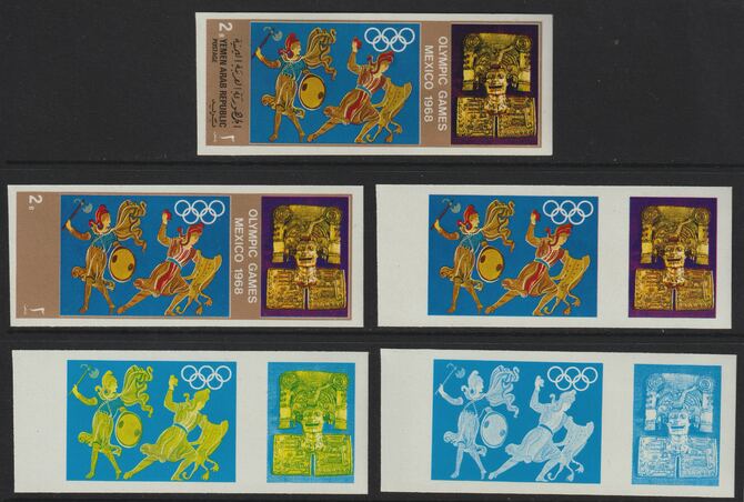 Yemen - Republic 1967 Olympic Games (Greek & Mexican Folklore) 2b set of 5 imperf progressive proofs comprising single colour, 2, 3, 4 and all 5-colour composites, a superb and important group unmounted mint (as Mi 780), stamps on folklore  olympics  sport, stamps on ancient greece 