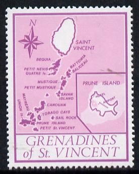 St Vincent - Grenadines 1977 the unissed Map stamp (without value) with Royal Visit overprint omitted (Map of Prune Island in mauve) unmounted mint, stamps on maps, stamps on royal visit