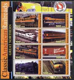 Benin 2003 Classic American Railroads #04 - Great Northern, perf sheetlet containing set of 8 values unmounted mint, stamps on railways