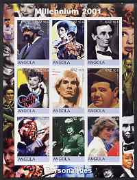 Angola 2001 Millennium series - Personalities (Satchmo, Baden Powell, J Gleason, Bruce Lee, Lincoln, Lucille Ball, Warhol, Babe Ruth & Diana) imperf sheetlet of 9 values unmounted mint, stamps on personalities, stamps on millennium, stamps on constitutions, stamps on jazz, stamps on music, stamps on scouts, stamps on films, stamps on cinema, stamps on diana, stamps on arts, stamps on baseball, stamps on americana