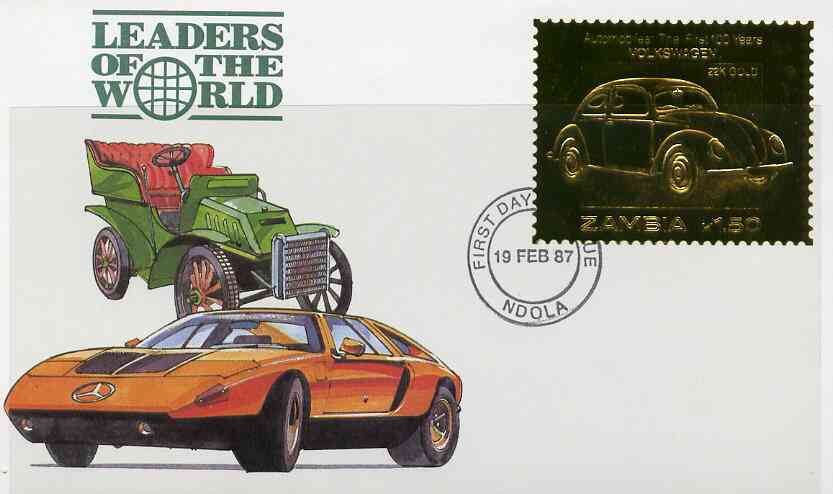 Zambia 1987 Classic Cars 1k50 Volkswagan in 22k gold foil on cover with first day of issue cancel, limited edition and very elusive, stamps on 