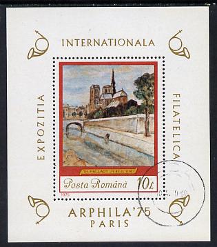 Rumania 1975 'Arphila 75' Stamp Exhibition (Painting by Th Pallady) m/sheet cto used SG MS 4142, stamps on arts, stamps on stamp exhibitions, stamps on posthorn 