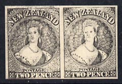 New Zealand 1855 Chalon Head 2d Hausbergs imperf proof pair in black on white card, very fine, stamps on royalty, stamps on  qv , stamps on 