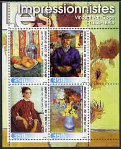 Ivory Coast 2003 Art of the Impressionists - Paintings by Van Gogh perf sheetlet containing 4 values unmounted mint, stamps on arts, stamps on van gogh