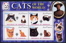 Somalia 2002 Domestic Cats of the World perf sheetlet #07 containing 4 values each with Scout Logo, unmounted mint, stamps on cats, stamps on scouts