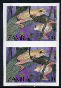 Zambia 1989 Young Reed Frogs 10k imperf pair unmounted mint, SG 570var, stamps on animals, stamps on amphibians, stamps on frogs