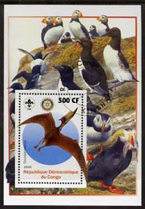 Congo 2005 Dinosaurs #06 - Dsungaripterus perf m/sheet with Scout & Rotary Logos, background shows Puffins & other sea Birds fine cto used, stamps on scouts, stamps on rotary, stamps on dinosaurs, stamps on animals, stamps on birds, stamps on puffins