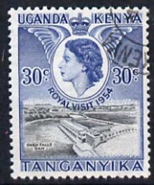 Kenya, Uganda & Tanganyika 1954 Royal Visit (Owen Falls Dam) 30c cds used, SG 166, stamps on royalty, stamps on royal visit, stamps on waterfalls, stamps on dams, stamps on civil engineering
