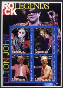 Somalia 2002 Rock Legends - Elton John imperf sheetlet containing set of 4 values unmounted mint, stamps on music, stamps on pops, stamps on 