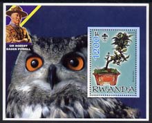 Rwanda 2005 Bonsai Tree perf m/sheet with Scout Logo, background shows Owl & Baden Powell unmounted mint, stamps on scouts, stamps on personalities, stamps on flowers, stamps on trees, stamps on owls, stamps on birds of prey, stamps on birds