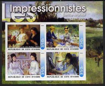 Ivory Coast 2003 Art of the Impressionists - Paintings by Berthe Morisot imperf sheetlet containing 4 values unmounted mint, stamps on arts, stamps on women
