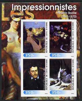 Ivory Coast 2003 Art of the Impressionists - Paintings by Frederic Bazille imperf sheetlet containing 4 values unmounted mint, stamps on arts, stamps on herons