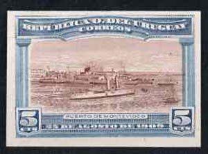 Uruguay 1909 Cruiser in Port Montevideo 5c imperf colour trial proof in red-brown & blue on enamelled card, as SG 283, stamps on ships, stamps on ports