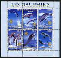 Congo 2003 Dolphins perf sheetlet #01 (vert stamps) containing 6 values each with Rotary Logo, unmounted mint, stamps on rotary, stamps on dolphins, stamps on marine life