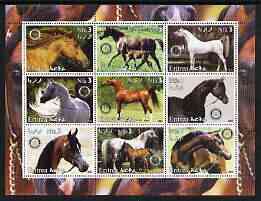 Eritrea 2003 Arabian Horses perf sheetlet containing set of 9 values each with Rotary Logo unmounted mint, stamps on animals, stamps on rotary, stamps on horses