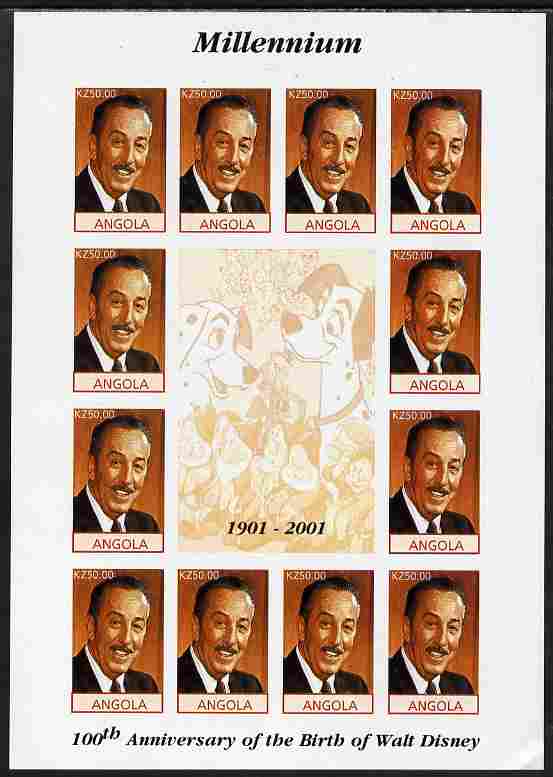Angola 2001 Centenary of Walt Disney imperf sheetlet containing 12 values plus 4 labels unmounted mint, corner wrinkled, stamps on personalities, stamps on disney, stamps on films, stamps on cinema, stamps on movies, stamps on dogs