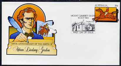 Australia 1983 Birth Anniversary of Adam Lindsay Gordon (Horseman & Poet) 30c postal stationery envelope with special illustrated first day cancellation, stamps on horses    poetry    literature