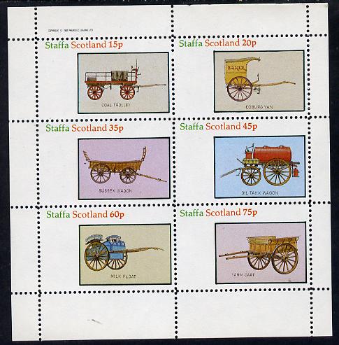Staffa 1982 Horse Drawn Wagons (Coal Trolley, Oil Tank, Milk Float, etc) perf set of 6 values (15p to 75p) unmounted mint, stamps on minerals, stamps on  oil , stamps on transport   food     drink    horse-drawn, stamps on horses