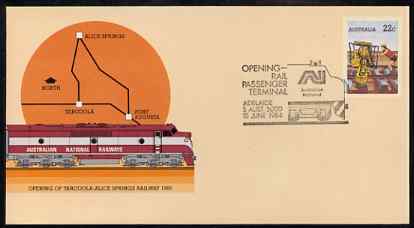 Australia 1980 Tarcoola-Alice Springs Railway 22c postal stationery envelope with special illustrated Opening of Adelaide Rail Passenger Terminal cancellation, stamps on railways