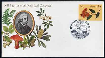 Australia 1981 International Botanical Congress 24c postal stationery envelope with special illustrated Boonah Tractor first day cancellation, stamps on flowers, stamps on fungi, stamps on tractor
