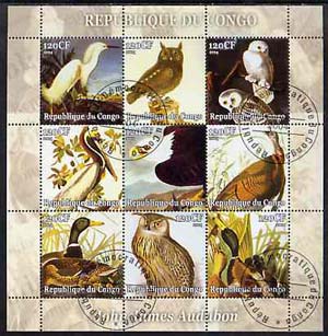 Congo 2004 John Audubon Birds perf sheetlet containing set of 9 values fine cto used, stamps on birds, stamps on audubon