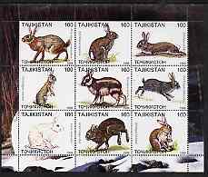 Tadjikistan 1999 Rabbits perf sheetlet containing 9 values unmounted mint, stamps on animals, stamps on rabbits