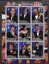 Tadjikistan 2001 The 73rd Academy Awards perf sheetlet #2 containing 9 values unmounted mint, stamps on films, stamps on movies, stamps on cinema, stamps on entertainments, stamps on personalities