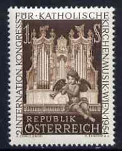 Austria 1954 second International Congress of Catholic Church Music 1s brown unmounted mint, SG1265, stamps on music, stamps on religion, stamps on cherubs