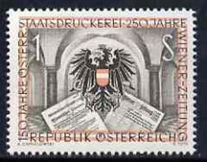 Austria 1954 State Printing Works and 'Wiener-Zeitung' (newspaper) Anniversaries 1s unmounted mint, SG1268, stamps on printing, stamps on newspapers, stamps on arms, stamps on heraldry