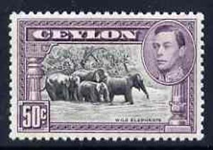 Ceylon 1938-49 KG6 Elephants 50c Perf 12 unmounted mint, SG 394e, stamps on animals, stamps on elephants, stamps on  kg6 , stamps on 