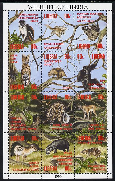 Liberia 1993 Wildlife of Liberia perf sheetlet containing 12 values unmounted mint, stamps on animals, stamps on cats, stamps on apes, stamps on snakes, stamps on reptiles, stamps on bats, stamps on mammals, stamps on hippos, stamps on squirrels, stamps on 