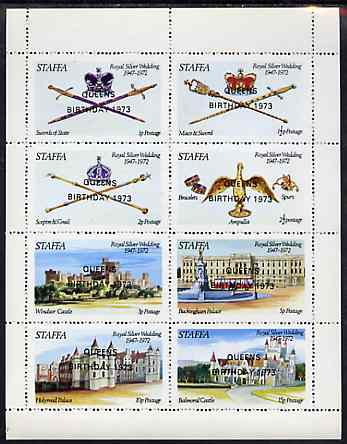 Staffa 1973 Queen's Birthday opt'd on Silver Wedding perf sheetlet containing set of 8 values unmounted mint, stamps on royalty, stamps on silver wedding