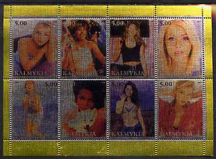 Kalmikia Republic 2000 Pop Singers (Women) perf sheetlet containing set of 8 values printed on metallic foil unmounted mint (Britney, Mariah Carey, Madonna, Kylie etc), stamps on , stamps on  stamps on personalities, stamps on  stamps on entertainments, stamps on  stamps on music, stamps on  stamps on pops, stamps on  stamps on rock, stamps on  stamps on women