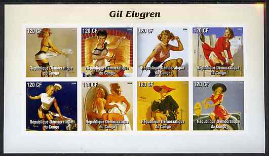 Congo 2004 Pin-Up Art by Gil Elvgren #2 imperf sheetlet containing 8 values, unmounted mint, stamps on arts, stamps on fantasy