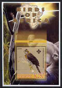 Malawi 2005 Birds of Africa - Serpent Eagle perf m/sheet with Scout Logo and Lion in background, unmounted mint, stamps on scouts, stamps on birds, stamps on eagles, stamps on birds of prey, stamps on cats, stamps on animals