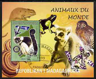 Madagascar 1999 Animals of the World #12 perf m/sheet showing Lemur #6 with Rotary Logo, background shows Owl, Fungi, Frog & Orchid, fine cto used, stamps on flowers, stamps on orchids, stamps on animals, stamps on apes, stamps on owls, stamps on prey, stamps on birds of prey, stamps on fungi, stamps on rotary