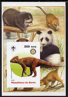 Benin 2005 Dinosaurs #05 - Leptoceraptops imperf m/sheet with Scout & Rotary Logos, background shows Panda etc unmounted mint, stamps on scouts, stamps on rotary, stamps on dinosaurs, stamps on animals