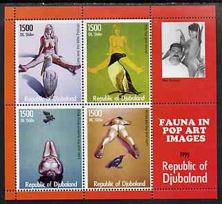 Djubaland Republic 1999 Fauna in Pop Art Images of Mel Ramos perf sheetlet containing 4 values unmounted mint, stamps on arts, stamps on birds, stamps on nudes