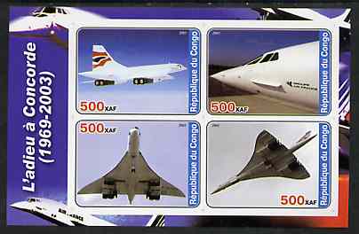 Congo 2003 Concorde #2 imperf sheetlet containing set of 4 values unmounted mint, stamps on concorde, stamps on aviation