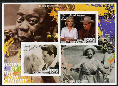 Somalia 2001 Icons of the 20th Century #12 - Elvis & Marilyn imperf sheetlet containing 2 values with Louis Armstrong & Queen Mother in background unmounted mint, stamps on personalities, stamps on millennium, stamps on movies, stamps on films, stamps on music, stamps on marilyn, stamps on elvis, stamps on jazz, stamps on queen mother, stamps on , stamps on marilyn monroe