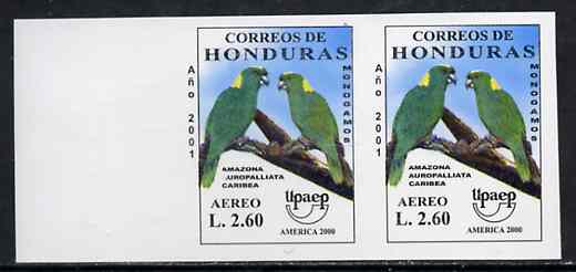 Honduras 2001 America - AIDS Awareness Campaign 2L60 Amazon Parrot imperf marginal proof pair unmounted mint as SG1612, stamps on birds, stamps on parrots, stamps on aids, stamps on 