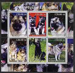 Turkmenistan 2000 Norwegian Elkhound perf sheetlet containing 6 values unmounted mint, stamps on , stamps on  stamps on dogs