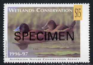 Cinderella - Australian Nature Conservation Agency 1996-97 Wetlands Conservation $15 stamp showing Blue-Billed Duck (value tablet in yellow) opt'd SPECIMEN unmounted mint*, stamps on cinderellas, stamps on birds, stamps on ducks