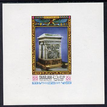 Sharjah 1968 Egyptology imperf sheetlet containing 55 Dh value (Sarcophagus) as Mi 460 unmounted mint, stamps on egyptology, stamps on history, stamps on tourism