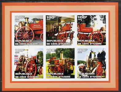 Ivory Coast 2002 Old Fire Engines #1 imperf sheetlet containing set of 6 values (top left Bridport) unmounted mint, stamps on fire